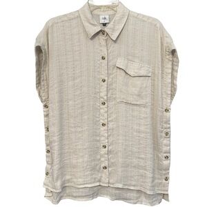 cabi Linen Blend Button Down Shirt XS Beige Striped Side Button Top